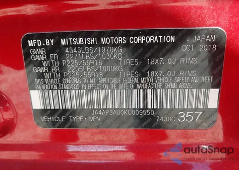 2019 Mitsubishi Outlander Sport 2.0 Es z USA, uszkodzony, nr VIN JA4AP3AU0KU00955